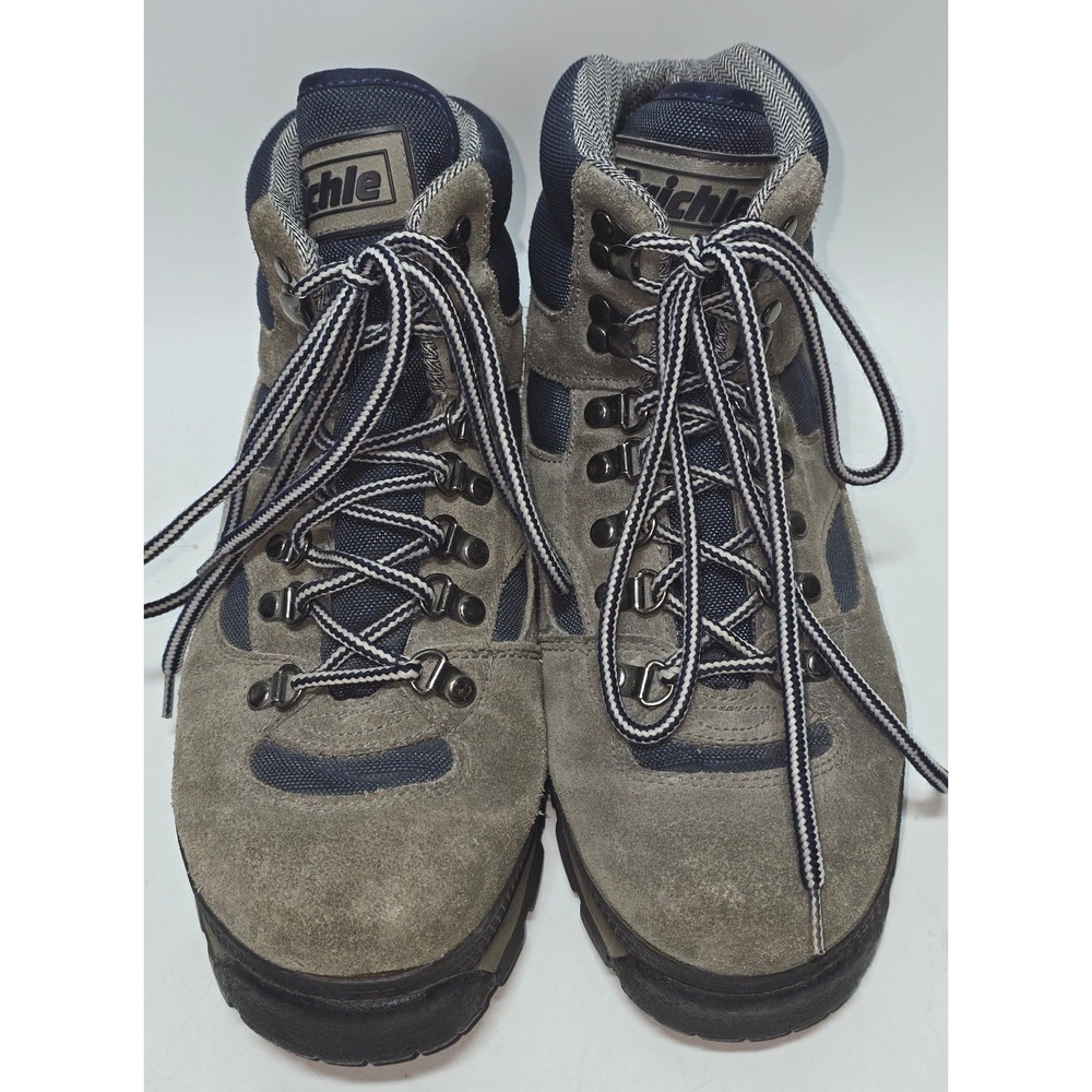 Raichle Vintage Hiking Boots Grey Navy Blue Suede Swiss Design Mens 8.5